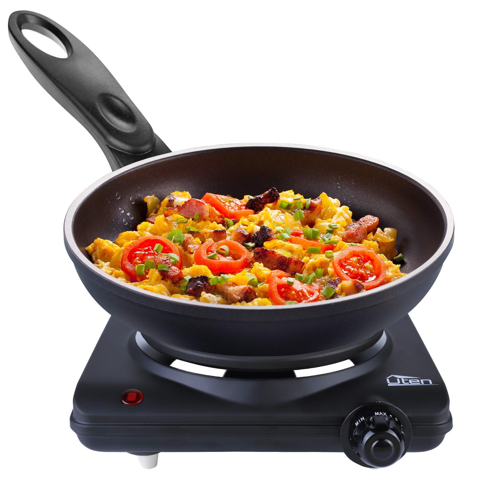 Uten Stainless Steel Single Hotplate, Electric Hotplate, 1250-1500W, 5 Power Levels Mobile Hotplate for Travel and Camping, Continuously Adjustable Thermostats, Overheating Protection, Cast Iron