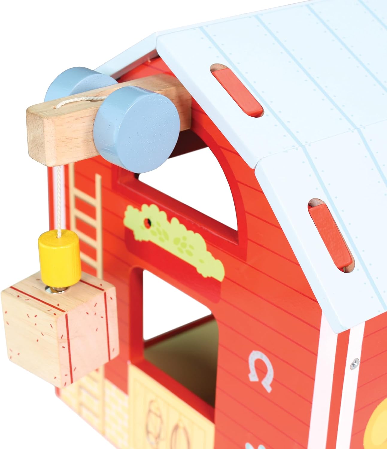 Le Toy Van Red Barn Wooden Playset, showing the removable roof panels and fence sections.