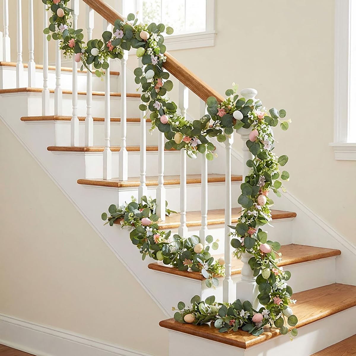 Easter Egg Garland Easter Decorations, 6Ft Artificial Eucalyptus Flower Greenery Vines Hanging Spring Garland for Mantle Fireplace Home Decor Wall Window Table Easter Decor -2 Pack
