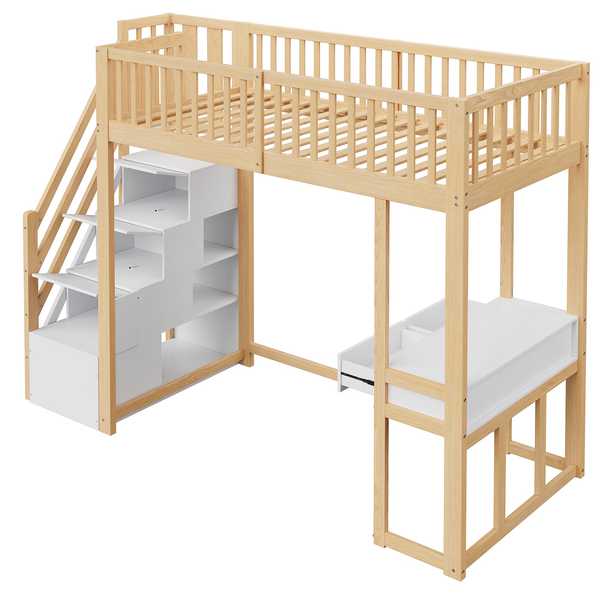 Merax Hochbett 90x200 cm mit Schreibtisch, Multifunktionales Hochbett für 1 Person mit Treppenregal, Weiß und Holz (ohne Matratze)
