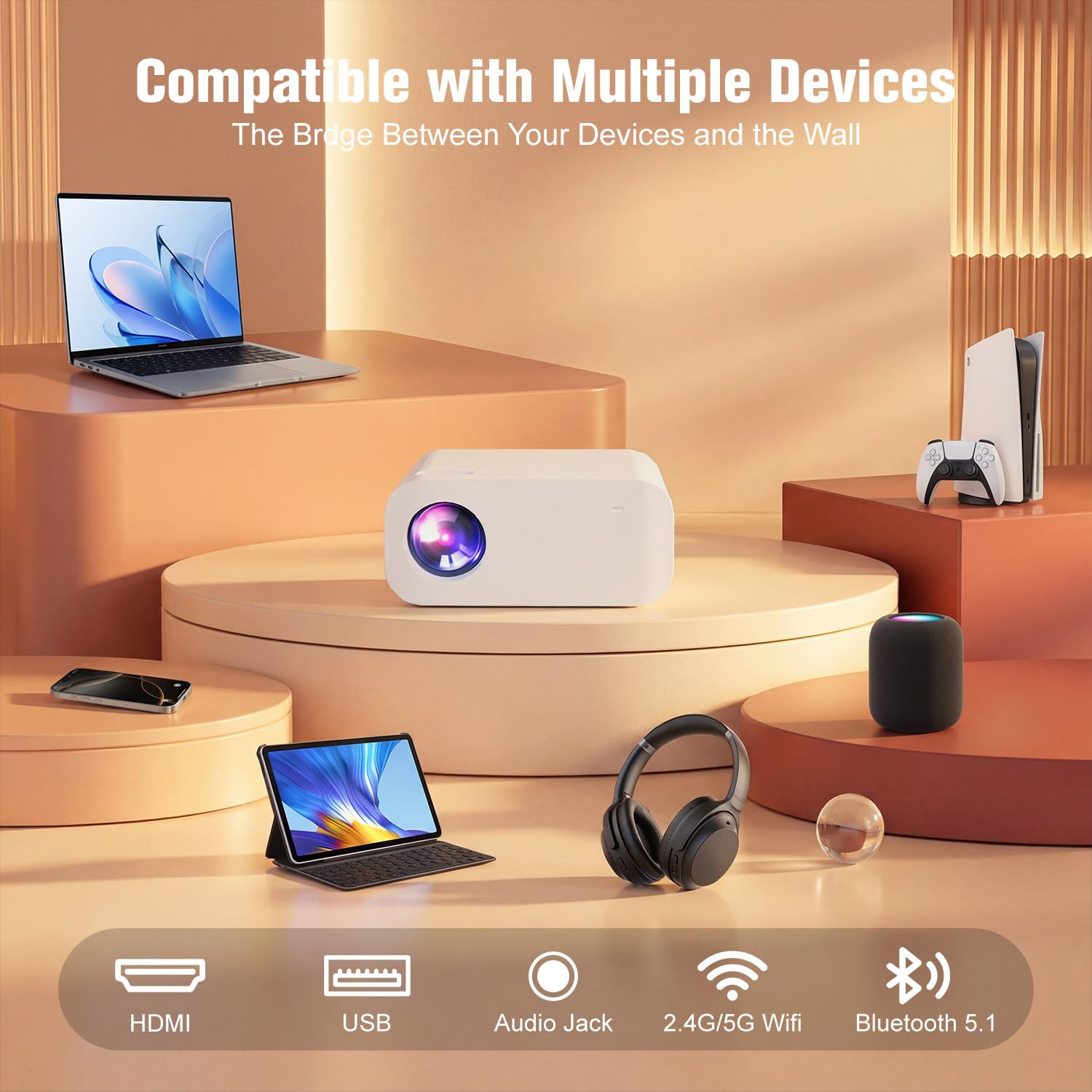 Proiettore P7 Pro, proiettore portatile 4K con WiFi e supporto Bluetooth 1080P, correzione trapezoidale elettrica, Netflix/PrimeVideo/YouTube integrato, proiettore cinematografico per interni ed