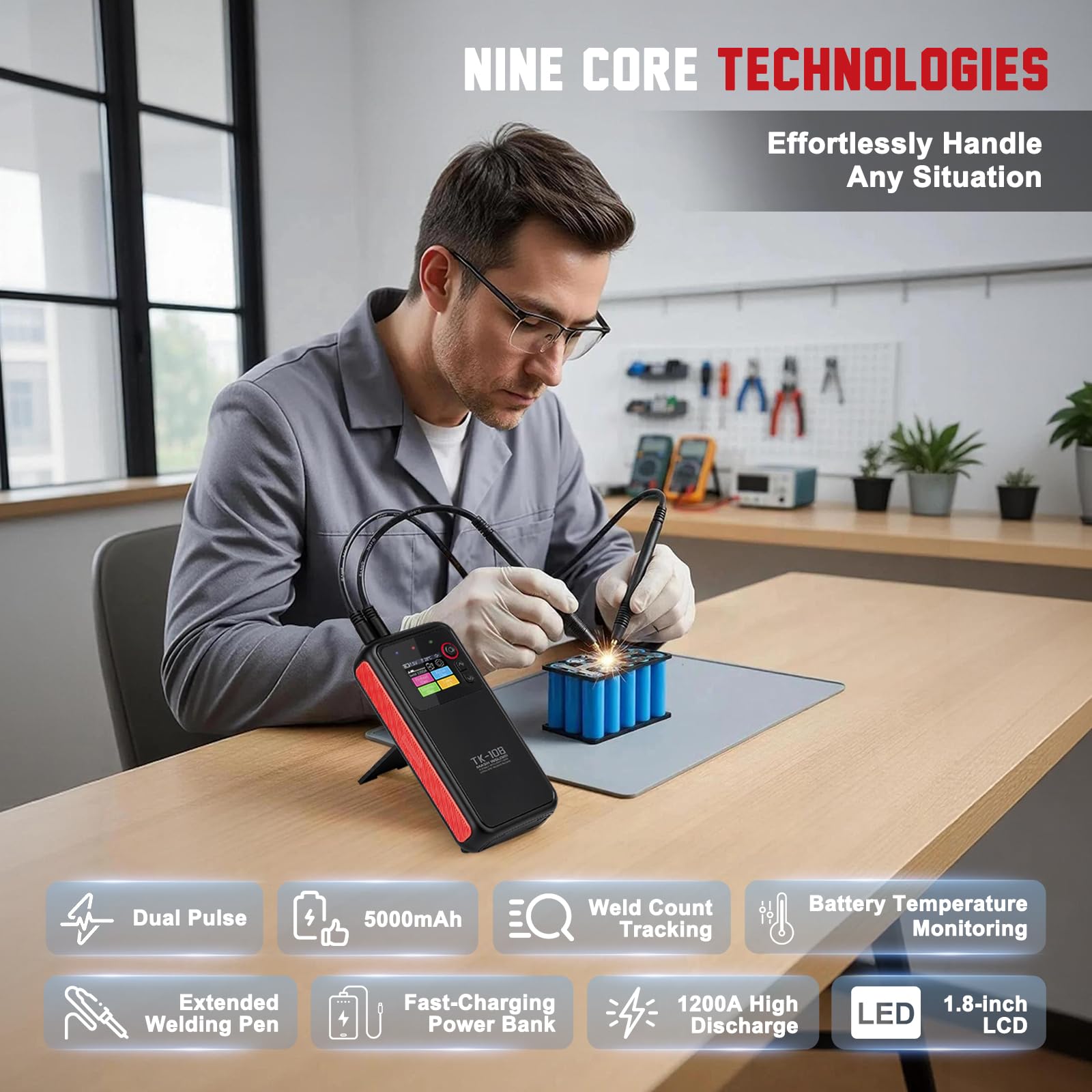 Soldador por puntos inalámbrico, soldador de puntos portátil con batería de 5000 mAh,soldadura ajustable, protección contra sobrecalentamiento, para baterías 18650 26650 32650 Li-ion Ni-MH Ni-Cd