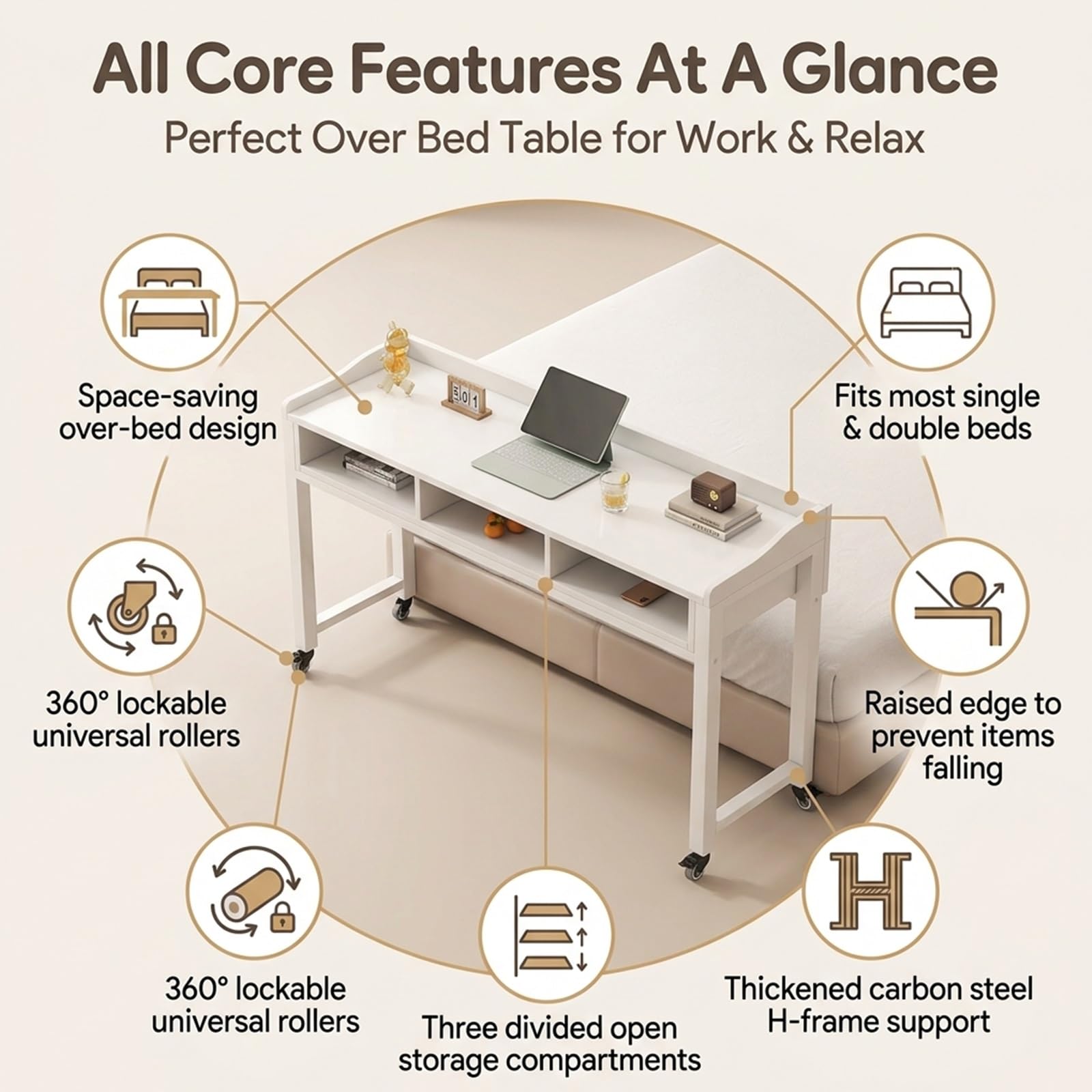 Mesa Cama para computadora portátil con Ruedas, Mesa Cama Trabajo sobre la Cama para Hospital, Escritorio Cama móvil para el hogar con deflectores.(Wit,120cm)