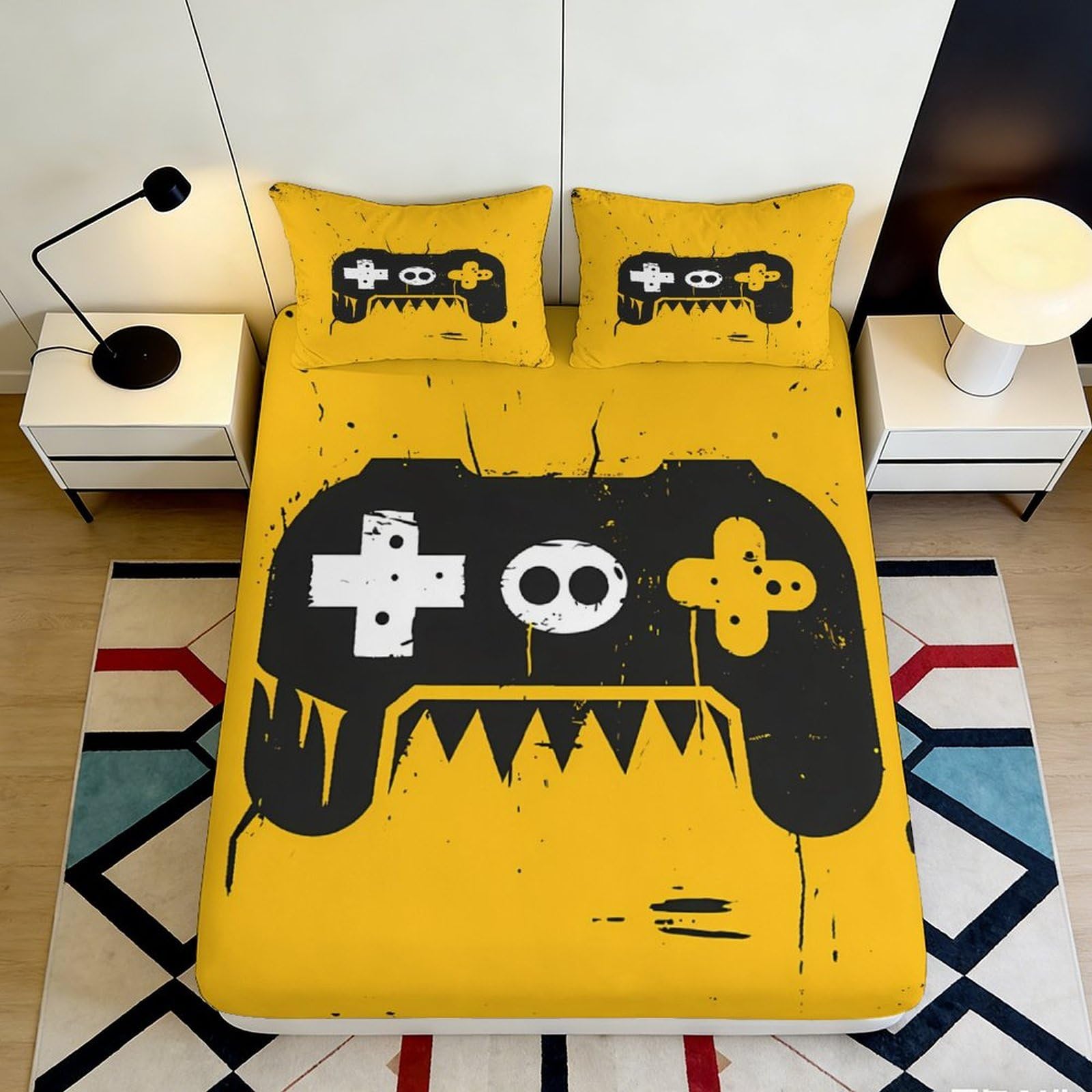 3D Printed Yellow Gamepad Fitted Sheet Microfiber Soft Anti-Slip Gamer Cartoon Bed Cover for Bedroom Dorm Decor 90x200x25cm