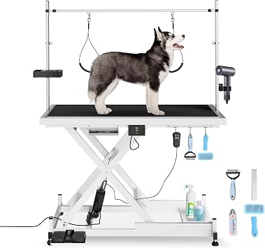 Lucky Pet Electric Lift Pet Grooming Table, Heavy Duty Pet Trimming Table, Professional X-Type Electric Lift for Large Dogs, with Overhead Arm, Clamps, Two Grooming Noose, 50 inch / Black
