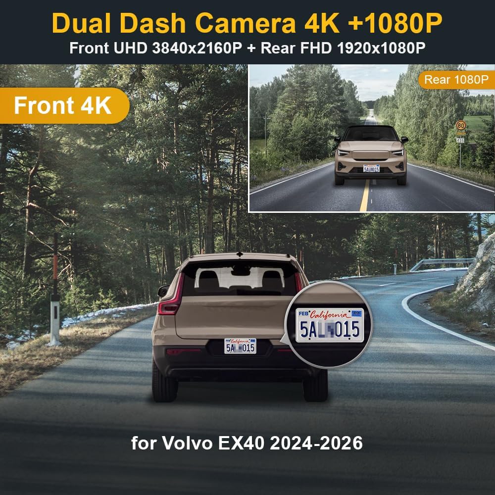 Fitcamx Front 4K+Rear 1080P Dash Cam Adapts for Volvo EX40 2024-2026 (HD2-6313) XC40 Recharge, Integrated OEM Look, 2 Channel HD Video, Loop Recording, WiFi & APP, G-Sensor, Easy to Use, 128GB Card