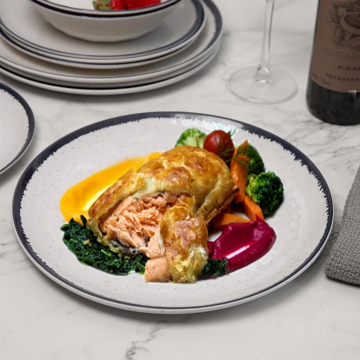 12-Piece Melamine Dinnerware Set for 4 - Retro Speckled Pattern Plates & Bowls, Lightweight & Scratch Resistant, Indoor/Outdoor Use