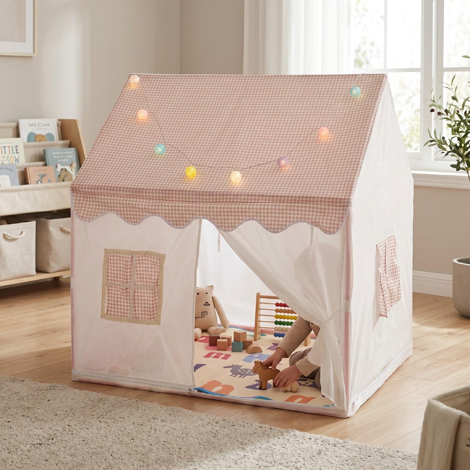 Kinderspielzelt, Polyester-Spielhaus für Drinnen und Draußen mit Sternenlichtern, 120 X 105 X 128 cm, Tragbares, Faltbares Design, Netzfenster-Rolltür für, Hinterhof, Strand, Camping