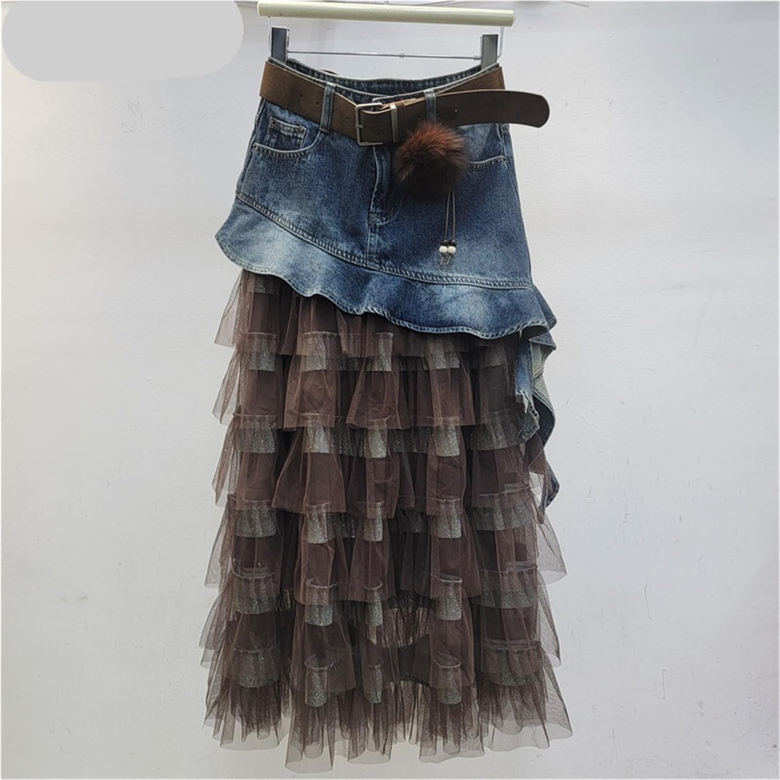 Denim-Rüschen, unregelmäßiges Patchwork-Mesh, mittellange A-Linien-Kuchenröcke mit hoher Taille for Damen