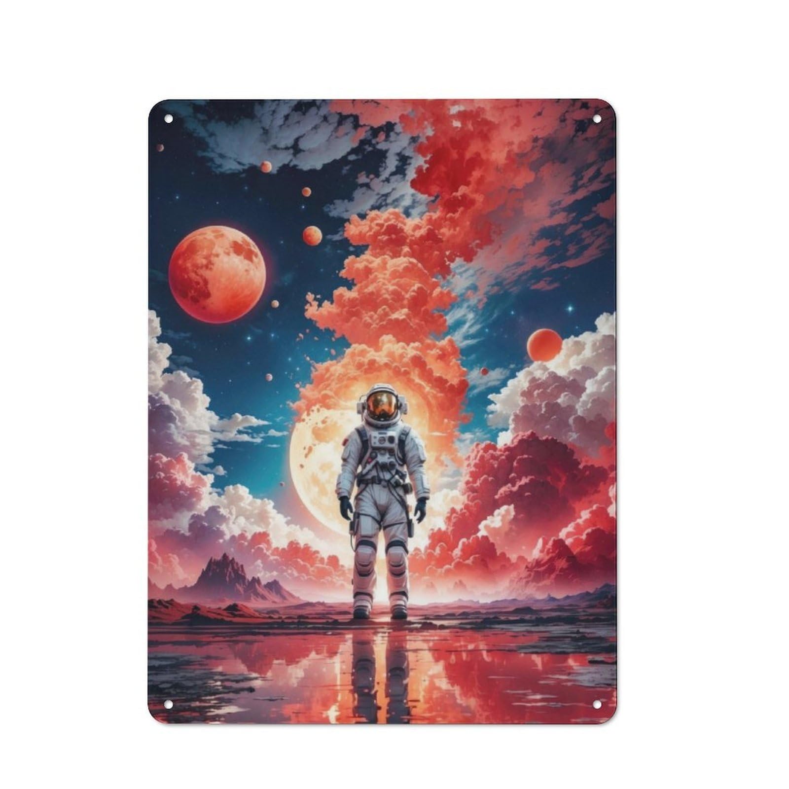 Junmoney Red Space Astronaut Moon Vintage Tin Sign 40X30cm With For Guest Room Or Hallway, Suited To Wall Displays In Guest Rooms And Hallways