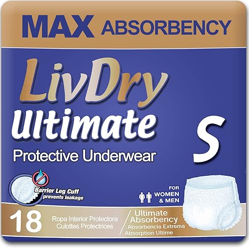 LivDry Ultimate - Ropa interior para incontinencia para adultos, alta absorción, protección contra fugas, talla S, paquete de 18 unidades
