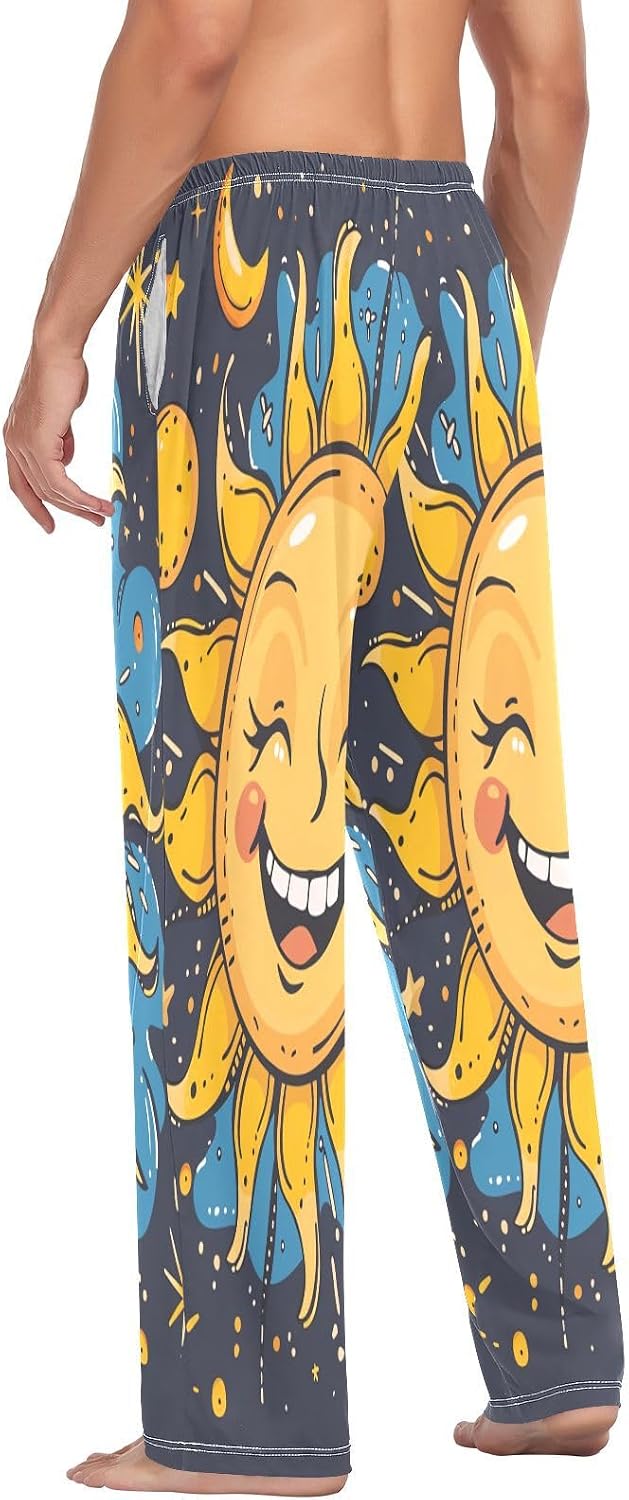 ALAZA Sun Moon Star Cartoon Funny Men's Pajama Pants Men Cotton Pajama Bottoms with Pockets, S