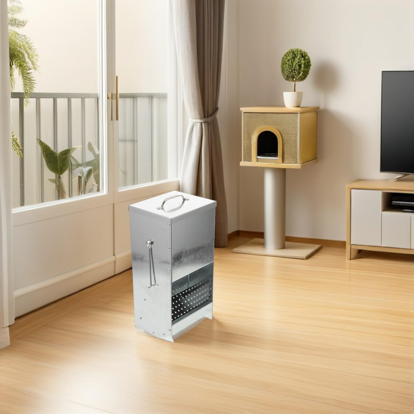 DOITOOL Mangiatoia in Metallo Zincato per Fieno con Coperchio Magnetico e Ganci Bifacciali Supporto Sospeso per Conigli Furetti e Piccoli Animali Accessorio Compatto per Gabbie e