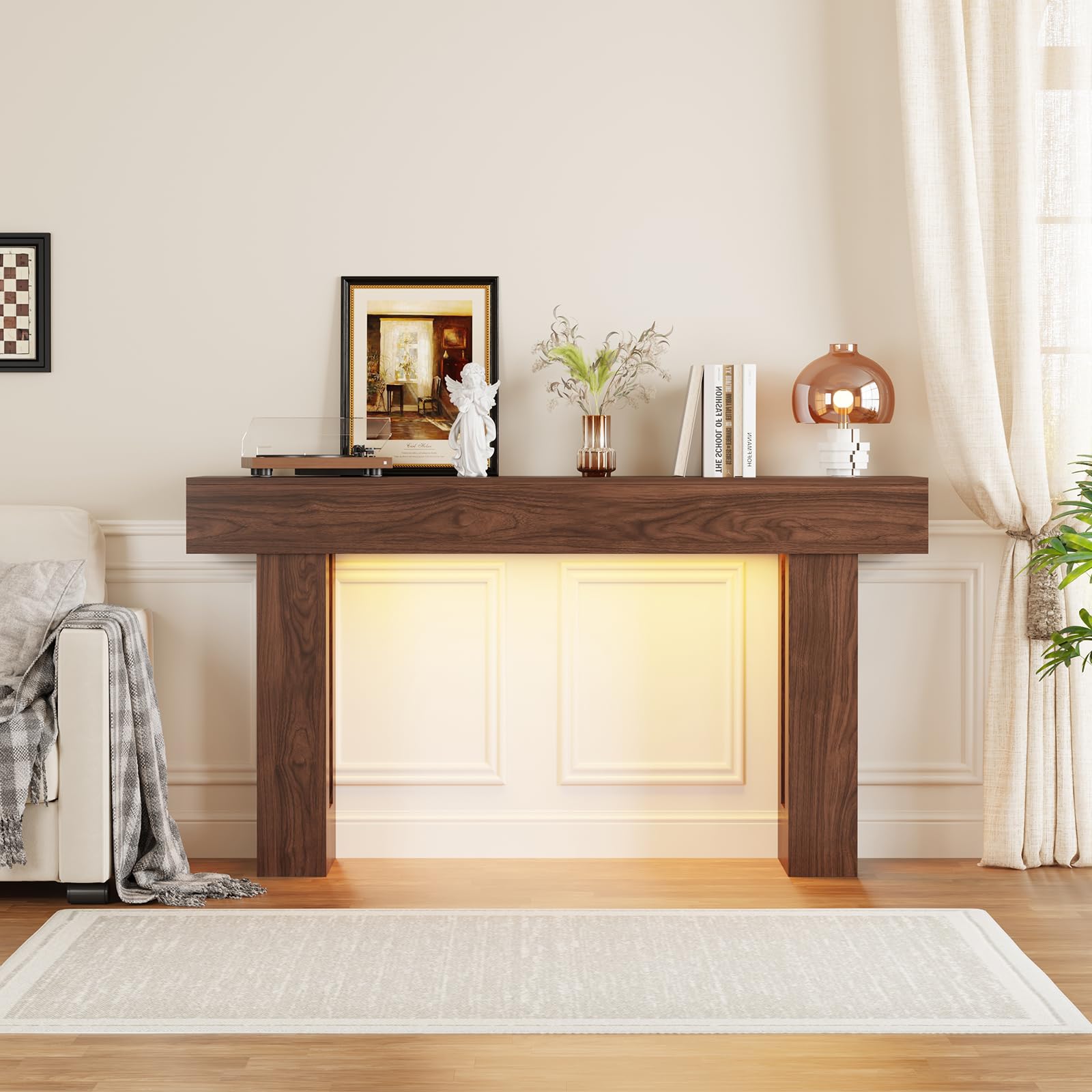 63" Long Console Table for Entryway, Farmhouse Sofa Hallway Table with Motion-Sensor LED Light & 5.9" Thickened Top, Wooden Foyer Table for Behind Couch/Living Room, Walnut