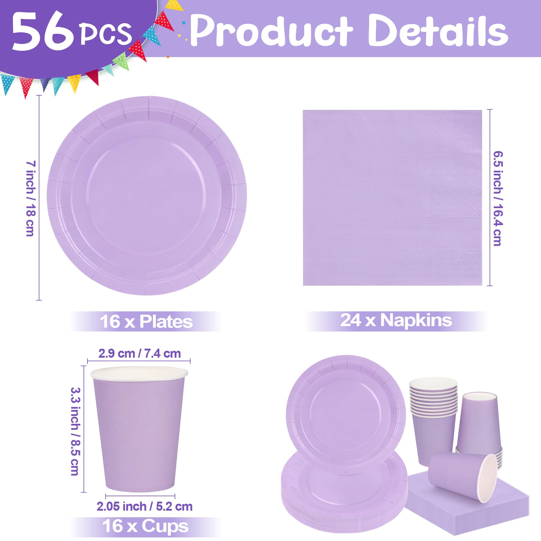 56 Pezzi Stoviglie per Feste Viola, Piatto Tazze e Tovaglioli di Carta per 16 Ospiti, Set di Stoviglie per Compleanno Matrimonio Baby Shower Decorazioni per Tavola