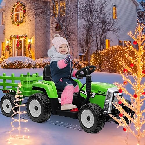 Miniatura 30 de Tractor de paseo para niños de 12 V con remolque y control remoto, auto eléctrico alimentado por batería para niños pequeños, arranque lento, 7 LED