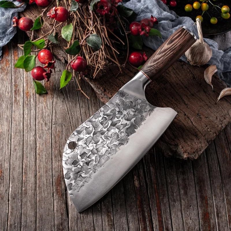 Meat Cleaver Knife, 8 Inch Handmade Forged Kitchen Butcher Knife Meat Chopping Cleaver Serbian Chef Cooking Knives 5CR15 Stainless Steel Knives Tools