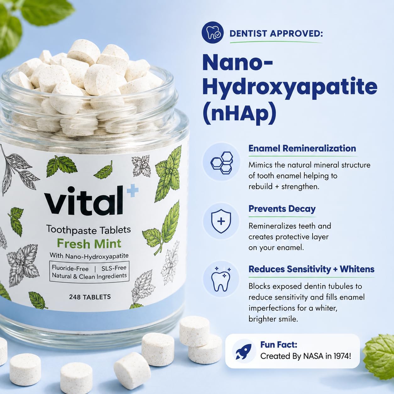 Vital Toothpaste Tabs with 7% Nano-Hydroxyapatite | Naturally Whitens + Remineralizes Teeth | Fluoride & Plastic Free | Combats Sensitivity | Travel & Eco Friendly | Fresh Mint | 248 Tablets (4 Month) image 2
