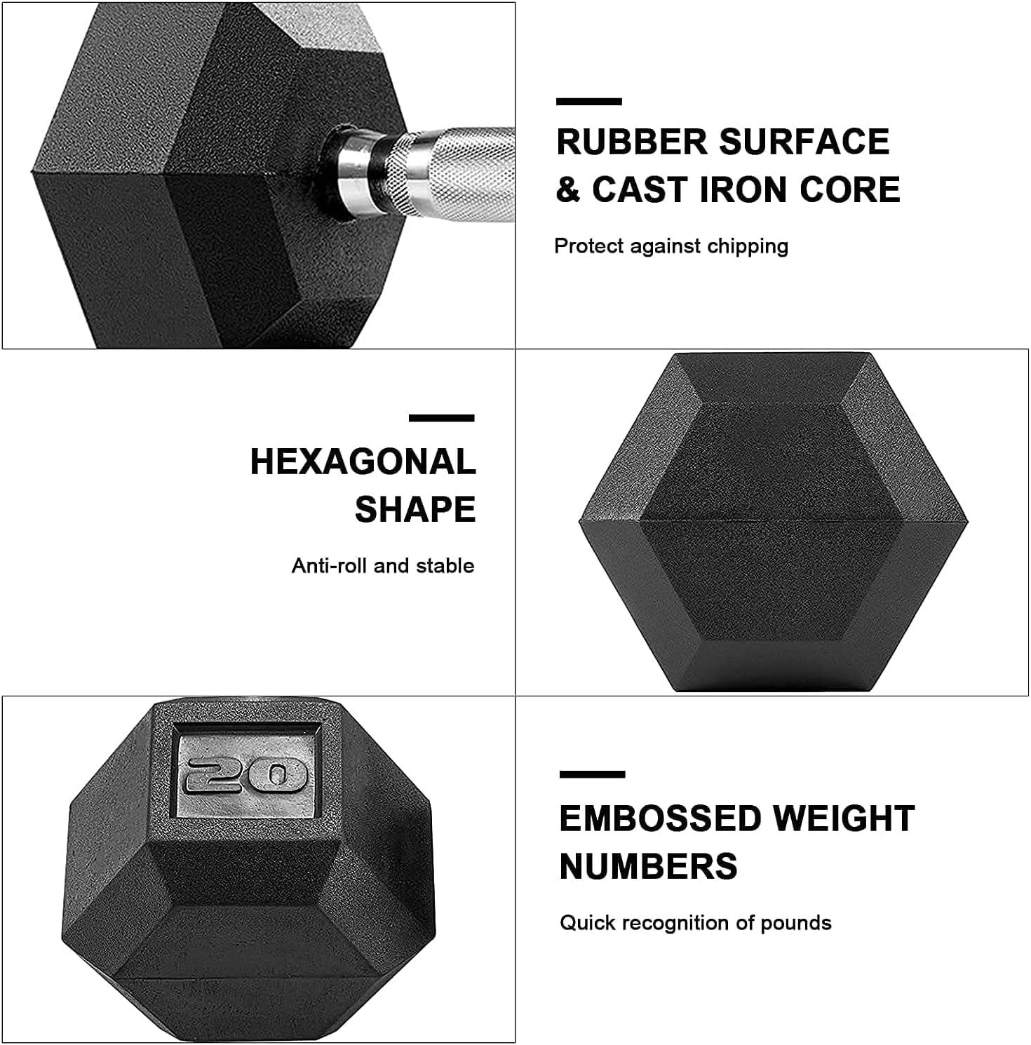 LIFERUN Dumbbells Rubber Coated Cast Iron Hex Black Dumbbell Free Weights Dumbbell, 60lb Single