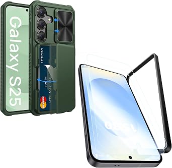 Vihibii for Samung Galaxy S25 Case with Card Holder & Screen Protector [2 Pack] & Slide Camera Cover, Bulit-in 9H Hardness & HD Tempered Glass Film with Easy Installation Tool 6.2", Green