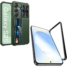 Vihibii for Samung Galaxy S25 Case with Card Holder & Screen Protector [2 Pack] & Slide Camera Cover, Bulit-in 9H Hardness & HD Tempered Glass Film with Easy Installation Tool 6.2", Green