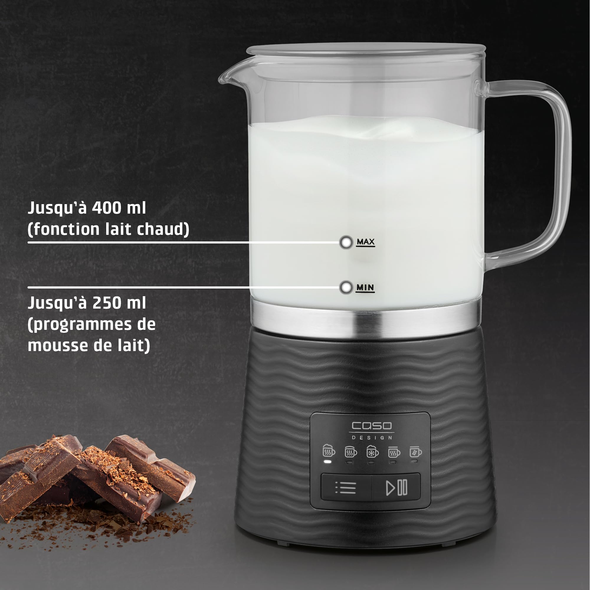 CASO CappuLatte Mousseur à lait électrique, mousse de lait crémeuse, mousseur à lait chaud et froid, cacao, chocolat chaud, récipient en verre amovible, passe au lave-vaisselle, 5 fonctions