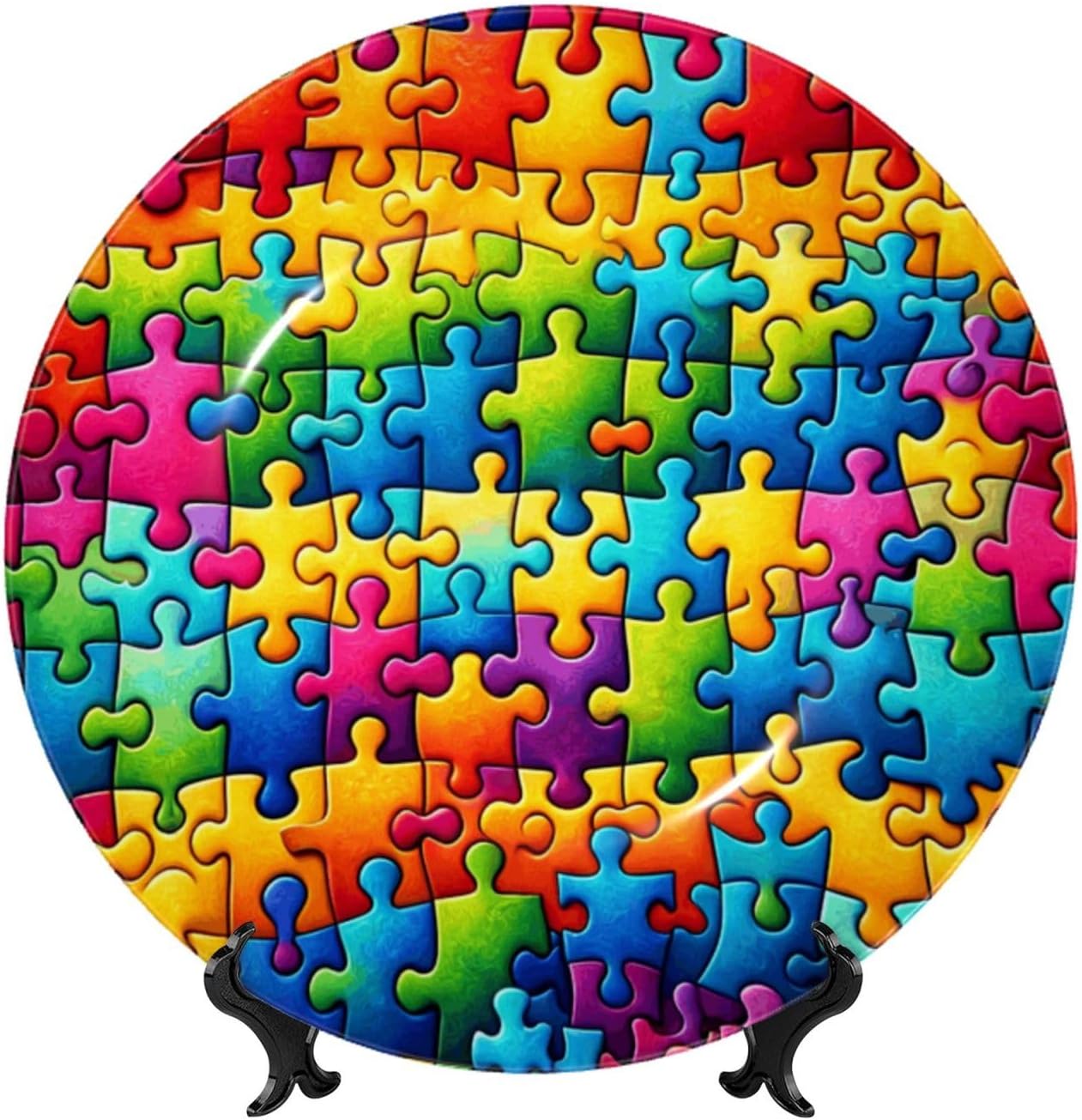 Autism-Puzzle-Piece 10 Inch Decorative Plate With Stand, Elegant Display Wall Plate For Home Decor