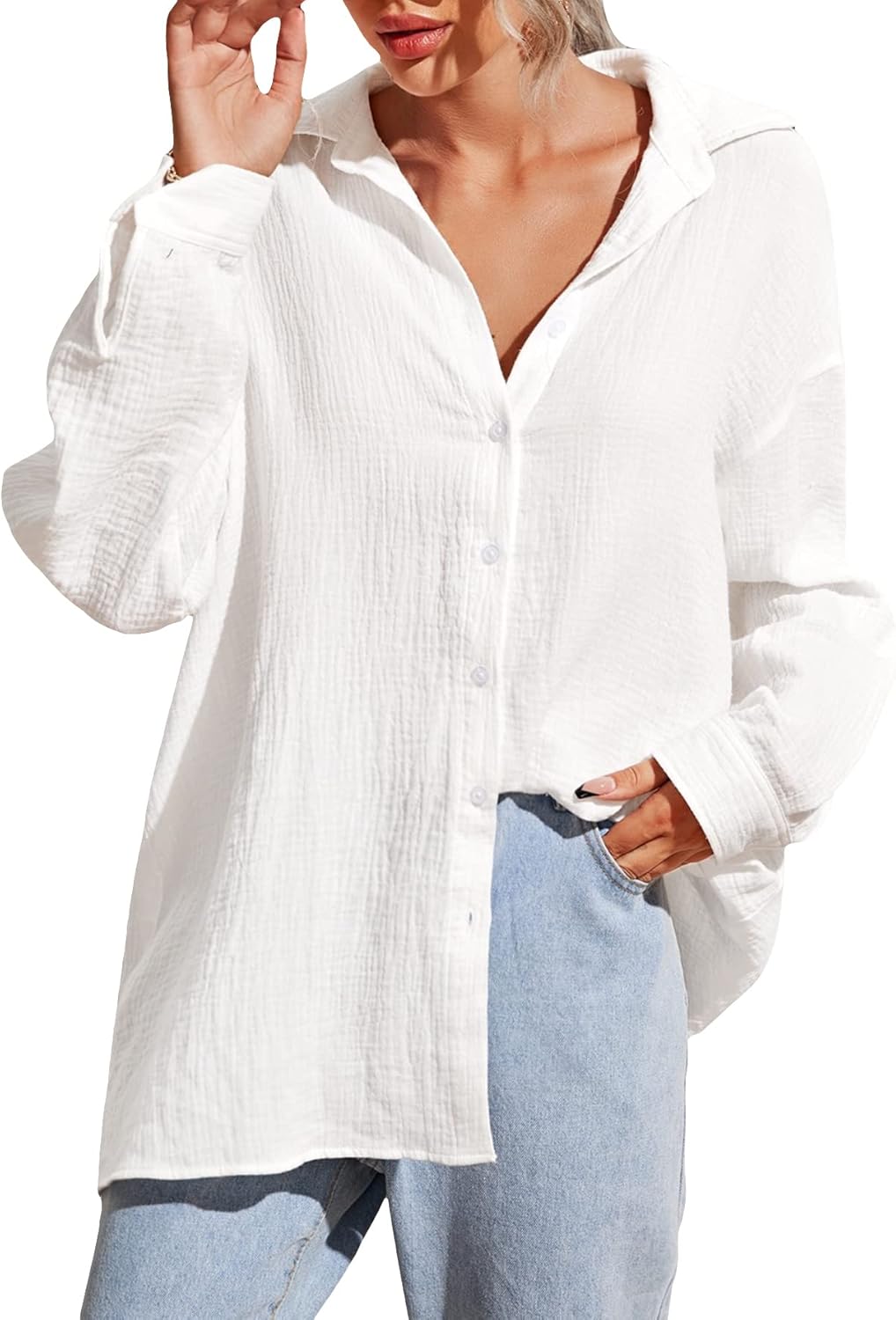 MakeMeChic Women's Oversized Button Down Shirts Collared Button Up Shirt Blouse Top Large White Color