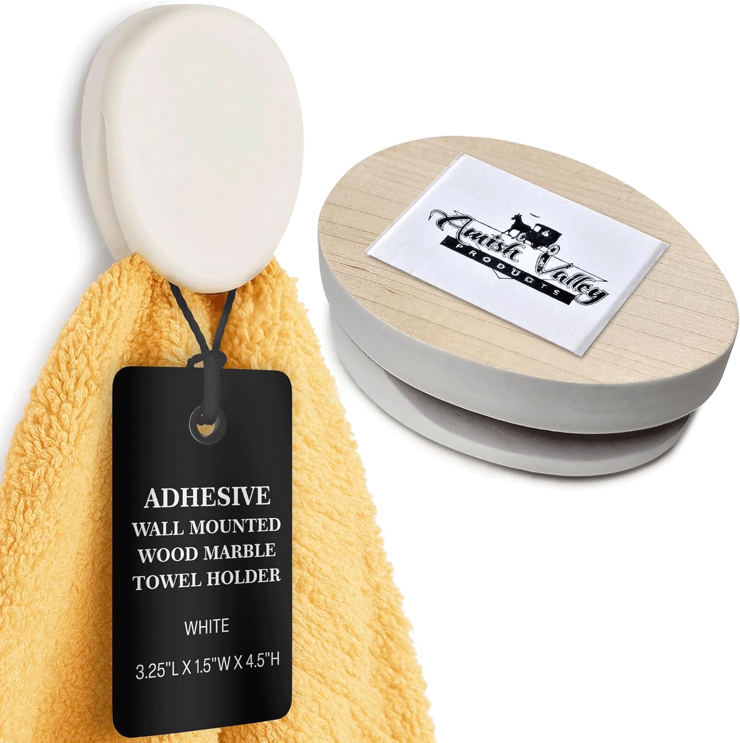 Amish Wood Marble Towel Holder Wall Mounted Adhesive Bathroom Kitchen RV Cabin Hooks Rack Towels (Country White)