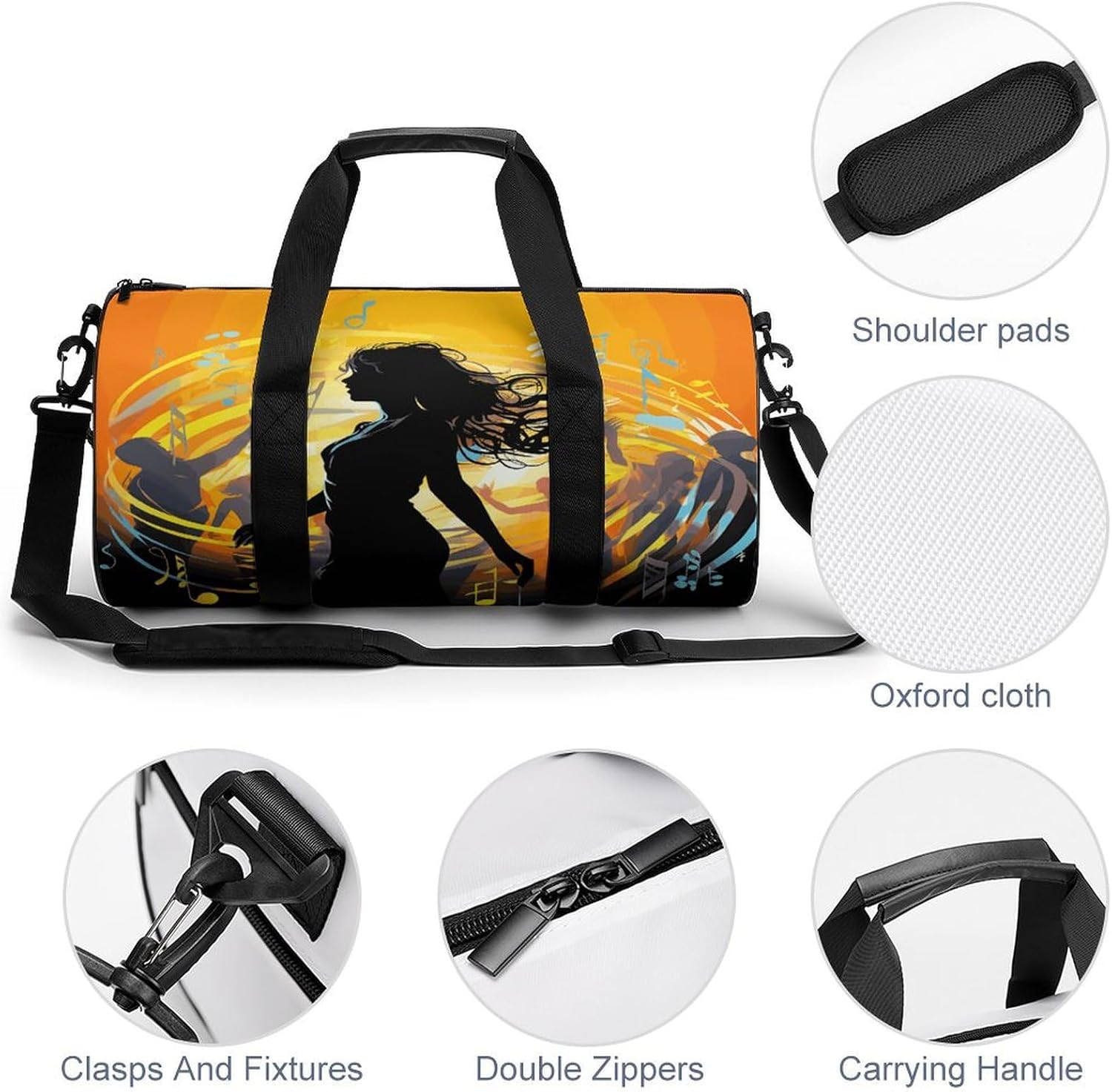 Aesthetic Sports Bag for Women Dance Music Printed Duffle Travel Bag for Men Women Mini Workout Bags Cylindrical Gym Bag