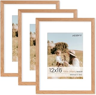 Acovy 12x16 Picture Frame, Solid Wood Cherry Wood 12 x 16 Photo Frame, 12"x16" Wood Frame for Wall, 12x16 Wooden Picture Frame with Mat for 9x12, HD Tempered Glass (Natural Cherry Color, 1 Pack)