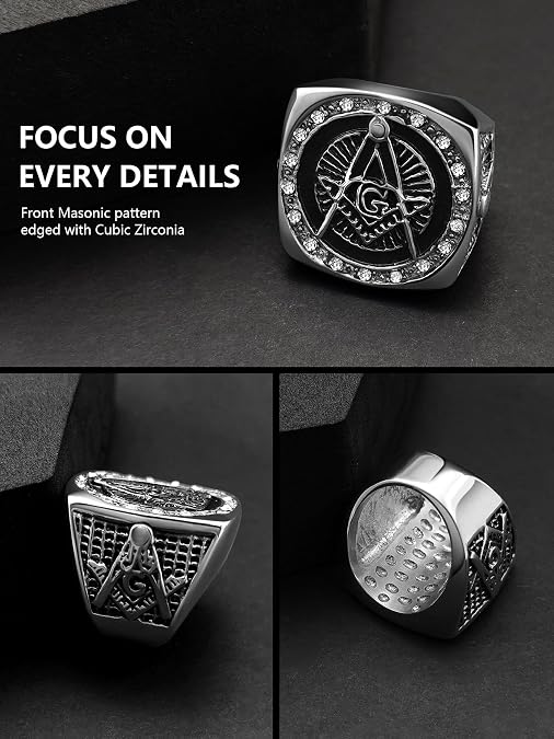 Masonic Signet Rings for Men, 316L Stainless Steel/18K Real Gold/Black Metal Freemason Jewelry, Punk Biker Mason Ring, Size 7-12