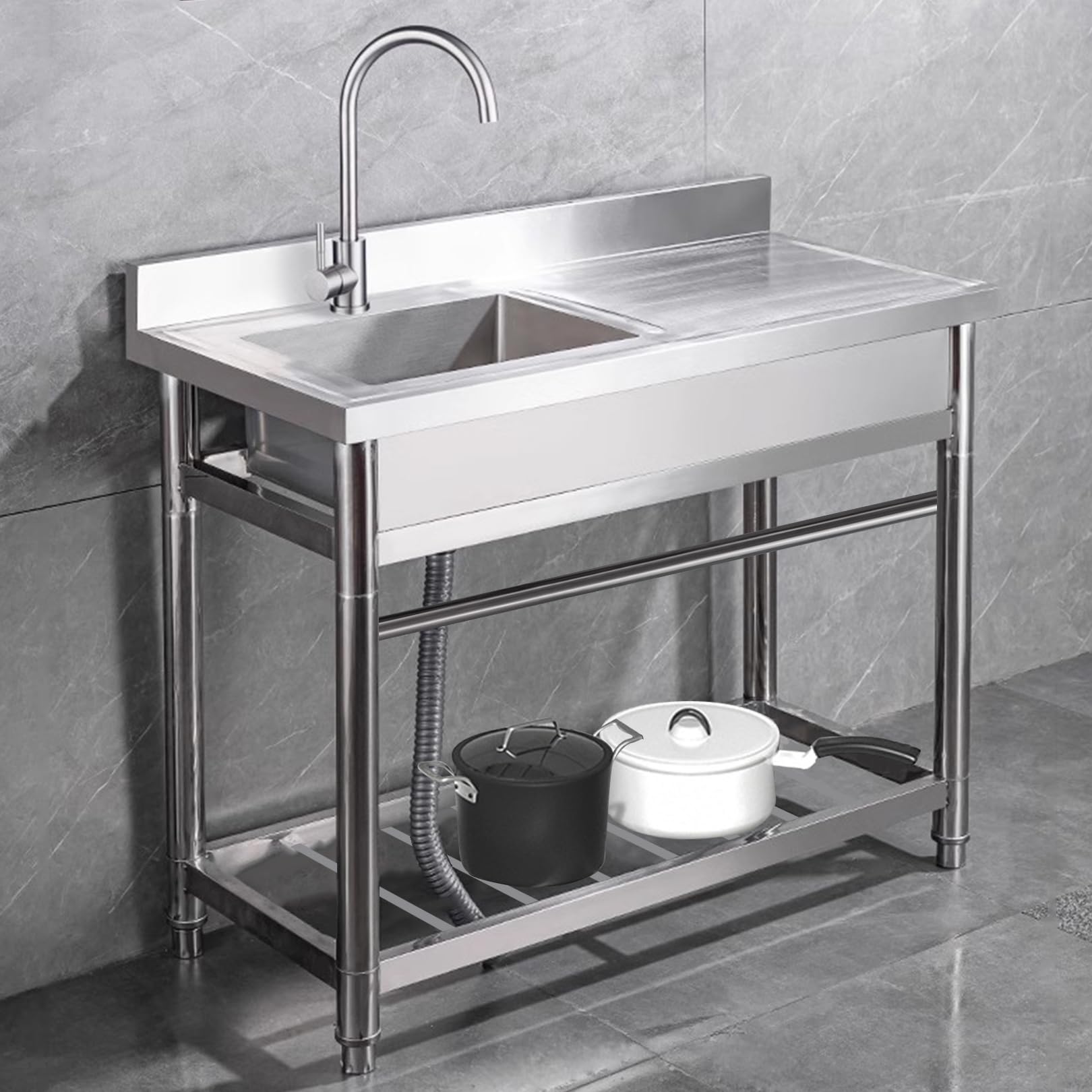 Lavello Autoportante In Acciaio Inox 75cm - Banco Da Lavoro Mobile Per Cucina Interni/Esterni