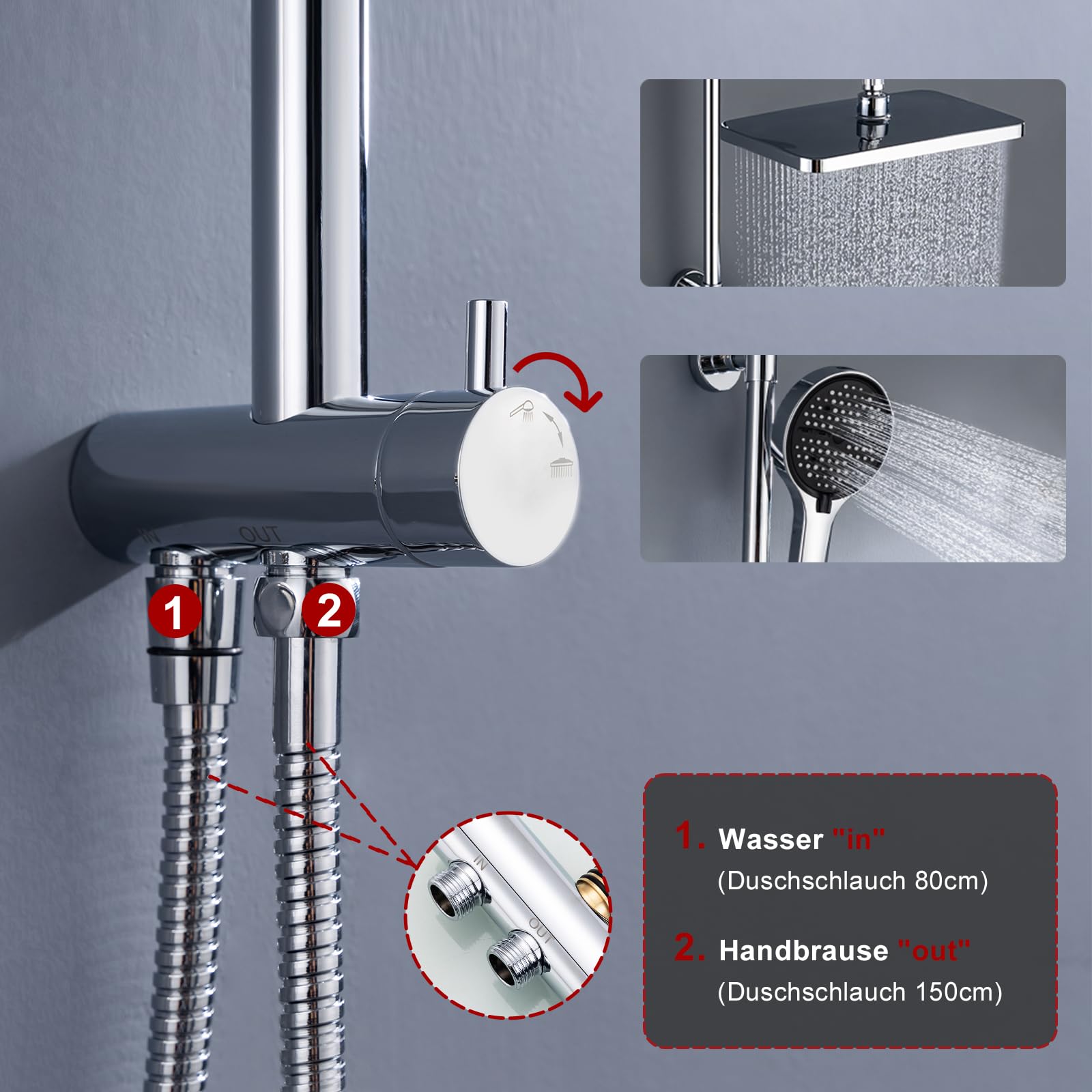 GAOZHI 32x21cm Colonna Doccia senza Miscelatore in Acciaio INOX 304 Cromato, Saliscendi Doccia Regolabile 63-105cm Set Doccia a Pioggia con Soffione Doccia Grande e Doccetta a Mano Cromo Quadrato