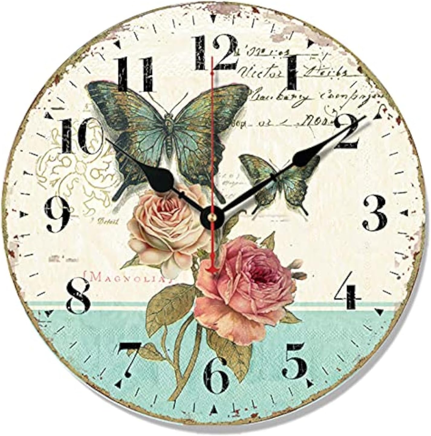 Telisha Wooden Wall Clock Green Butterfly Rose Flower Clock Retro Vintage Large Clock Home Decorative Country Non -Ticking Silent Quiet 14 Inch Gift