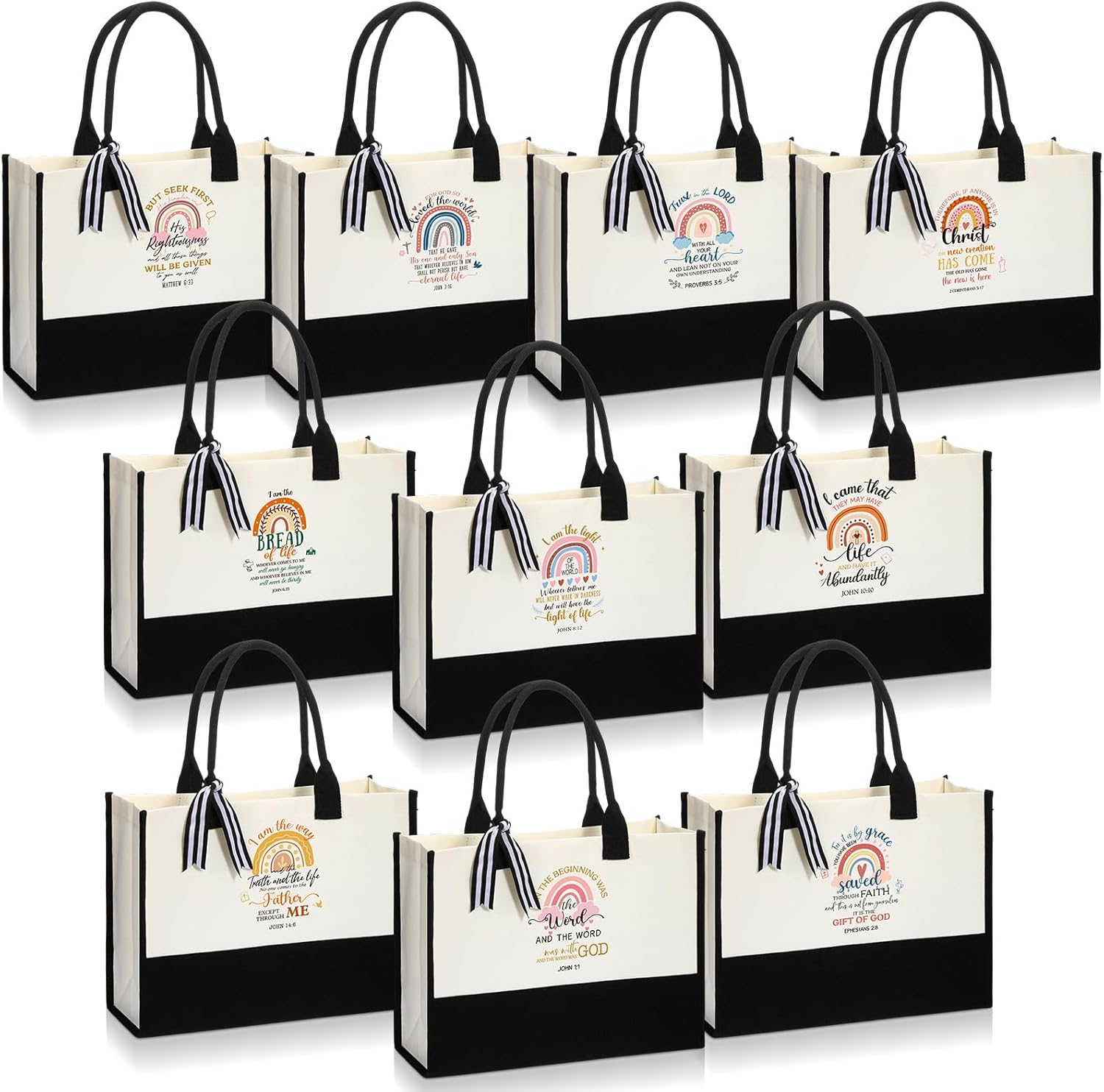 Talltalk 10 Pcs Christian Gifts for Women Faith Bible Tote Bags Bulk Christmas Religious Gifts Jesus Rainbow Tote Bags with Handle Christian Party Favors for Mother Mom Church Member