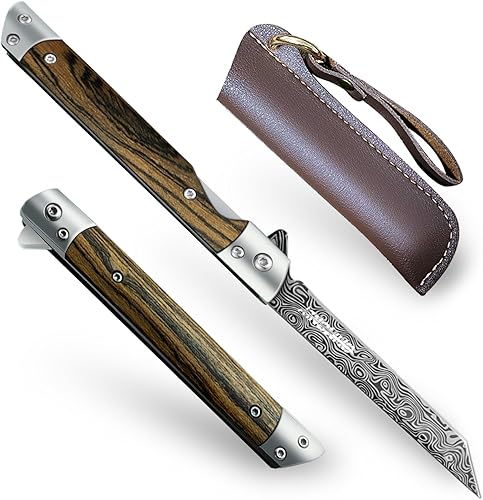 Miniatura 6 de Cuchillo de bolsillo para hombre, cuchillo plegable de 3.5 pulgadas con mango de madera y funda de cuero, cuchillo Edc Tanto para hombres y mujeres