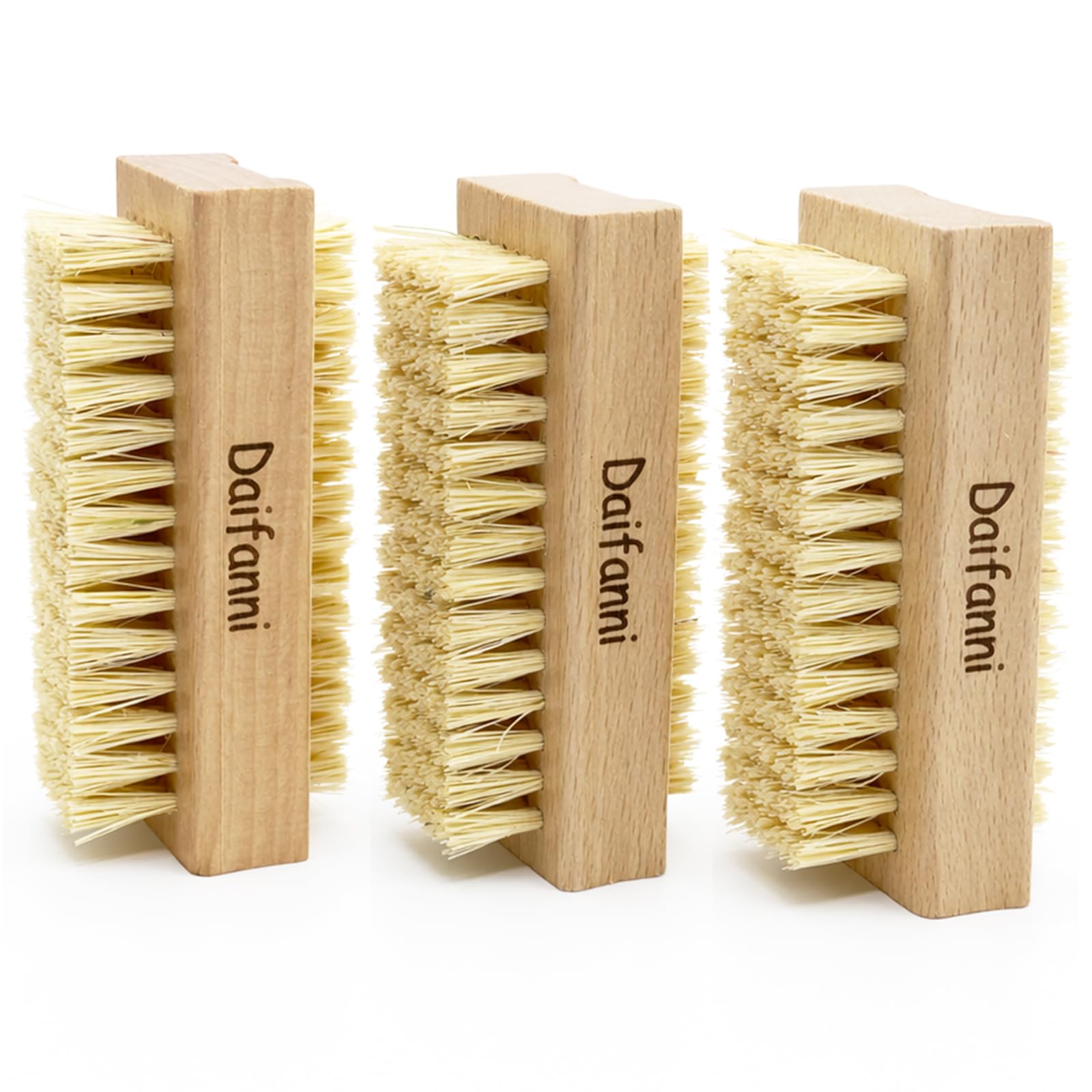 Cepillo de uñas de doble cara, madera de haya natural y sisal, estropajo resistente de doble densidad para uñas de manos y pies, paquete de 3