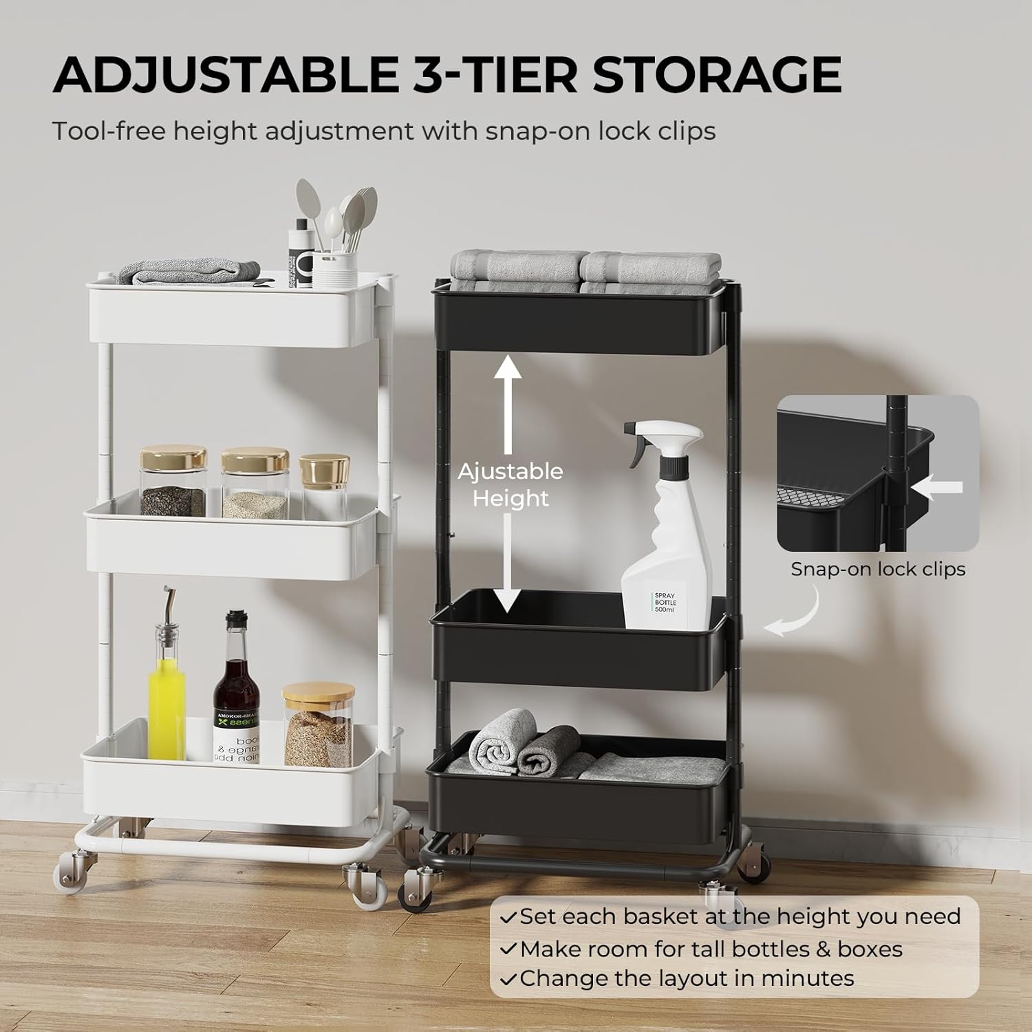 3 Tier Rolling Cart with Wheels for Home Organization, No Wobble Metal Utility Cart with Locking Casters, Adjustable Shelves Tool-Free Assembly Rolling Storage Cart for Kitchen Bathroom Laundry Room