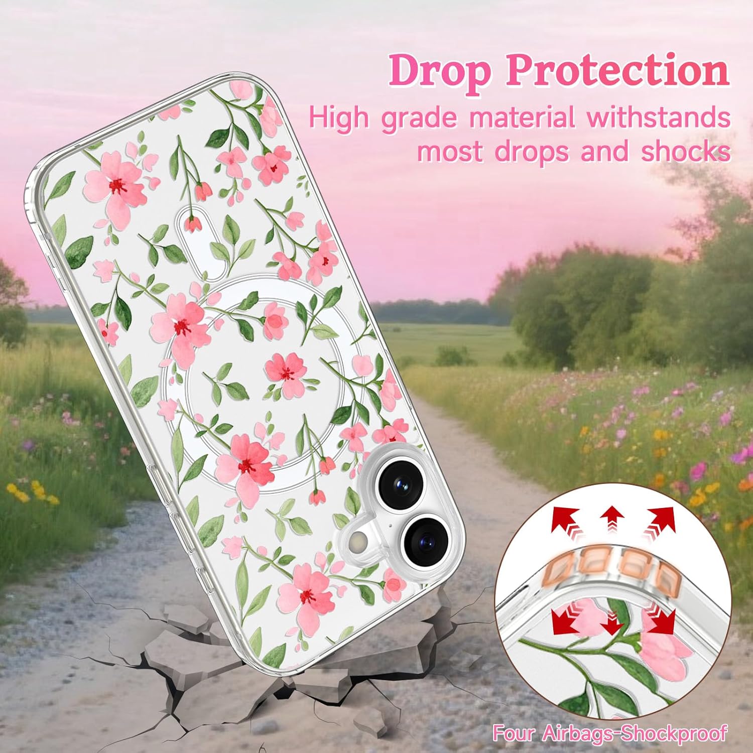 EYZUTAK Magnetic for iPhone 17 Case Flower Case Compatible with MagSafe, Pretty Floral Stylish Aesthetic Phone Cover Slim Clear Anti-Yellowing Protective Cover for Girls Women - Pink - Image 3