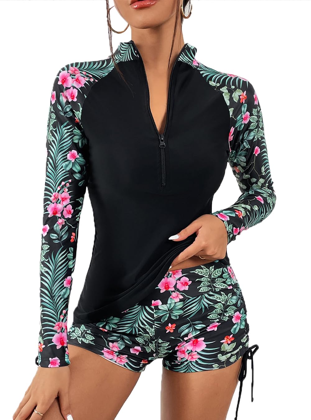 Traje de baño de dos piezas para mujer, con protección solar UPF50+, manga larga, cremallera frontal, camiseta de natación con pantalones cortos