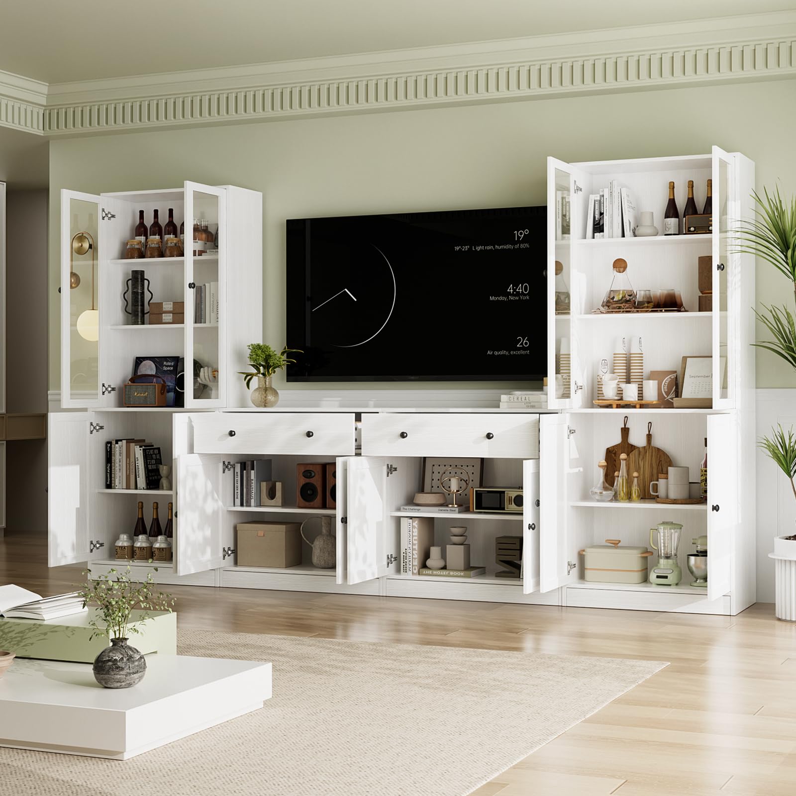 VOWNER Grande Mobile TV con Scaffali per TV fino a 75 Pollici, Mobile TV Soggiorno 180 cm，Centro di Intrattenimento, Mobile Porta TV Combinabile con Libreria per Soggiorno, 2B+2C (Bianco)