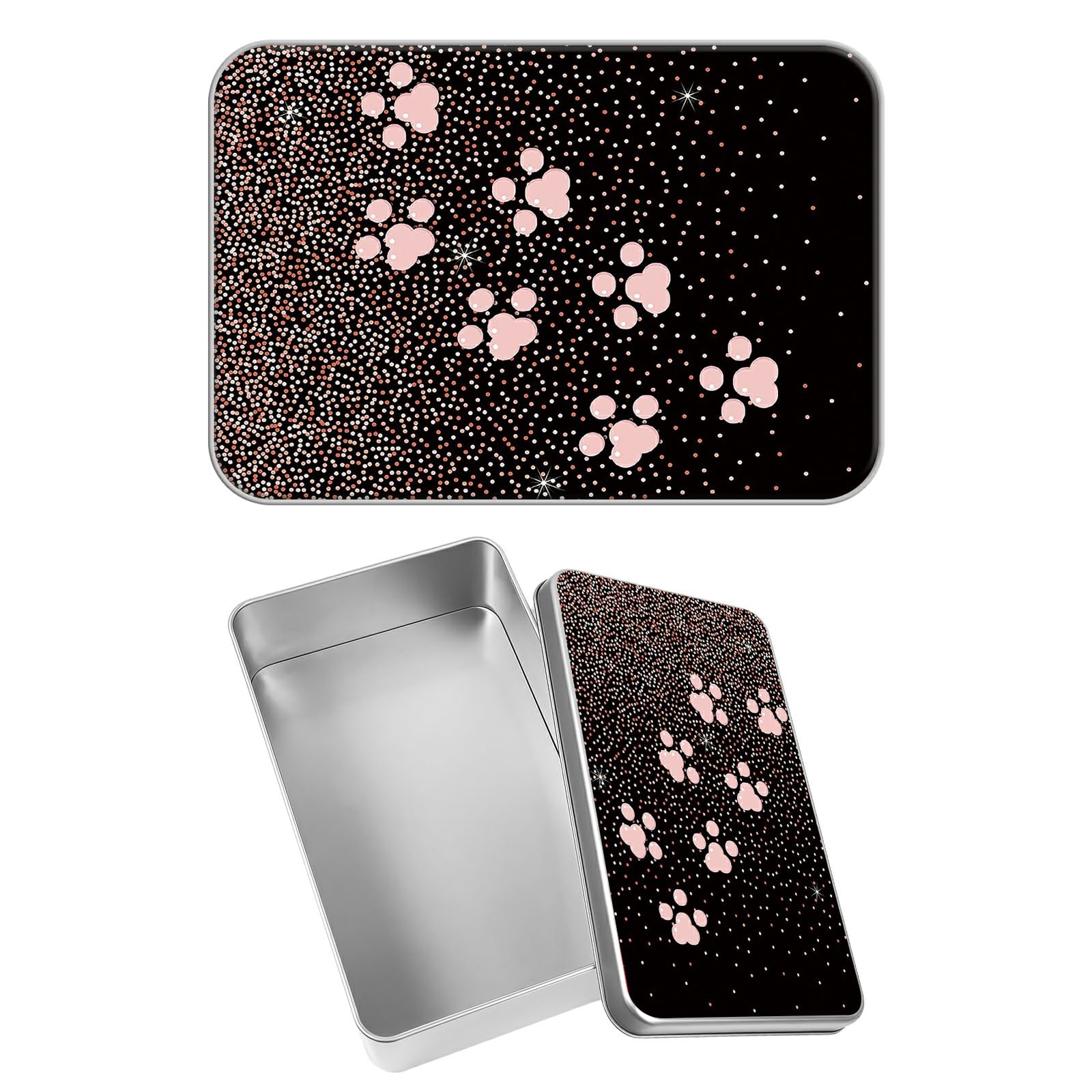 Rectangular Metal Tin Box with Removable Lid, Pink Dog Paw Glitter Decorative Printed Metal Storage Container for Jewelry Pen Eraser Pill Candy Craft 4.9 x 3.54 x 1.57 inch– Single Pack