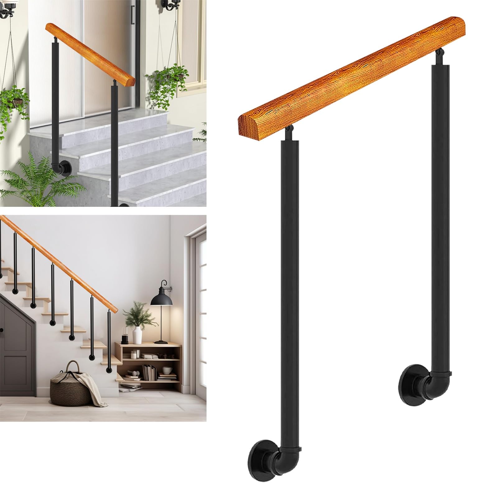 Rampe d'escalier en bois noble de 150 cm pour marches de porche extérieur
