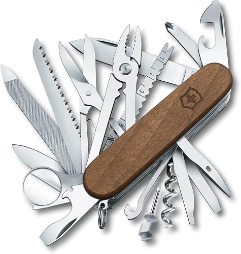 Victorinox Pocket Knife Swiss Champ Wood, 29 Functions, Swiss Made, Multi Tool incl. Wood Saw, Scissors, Brown