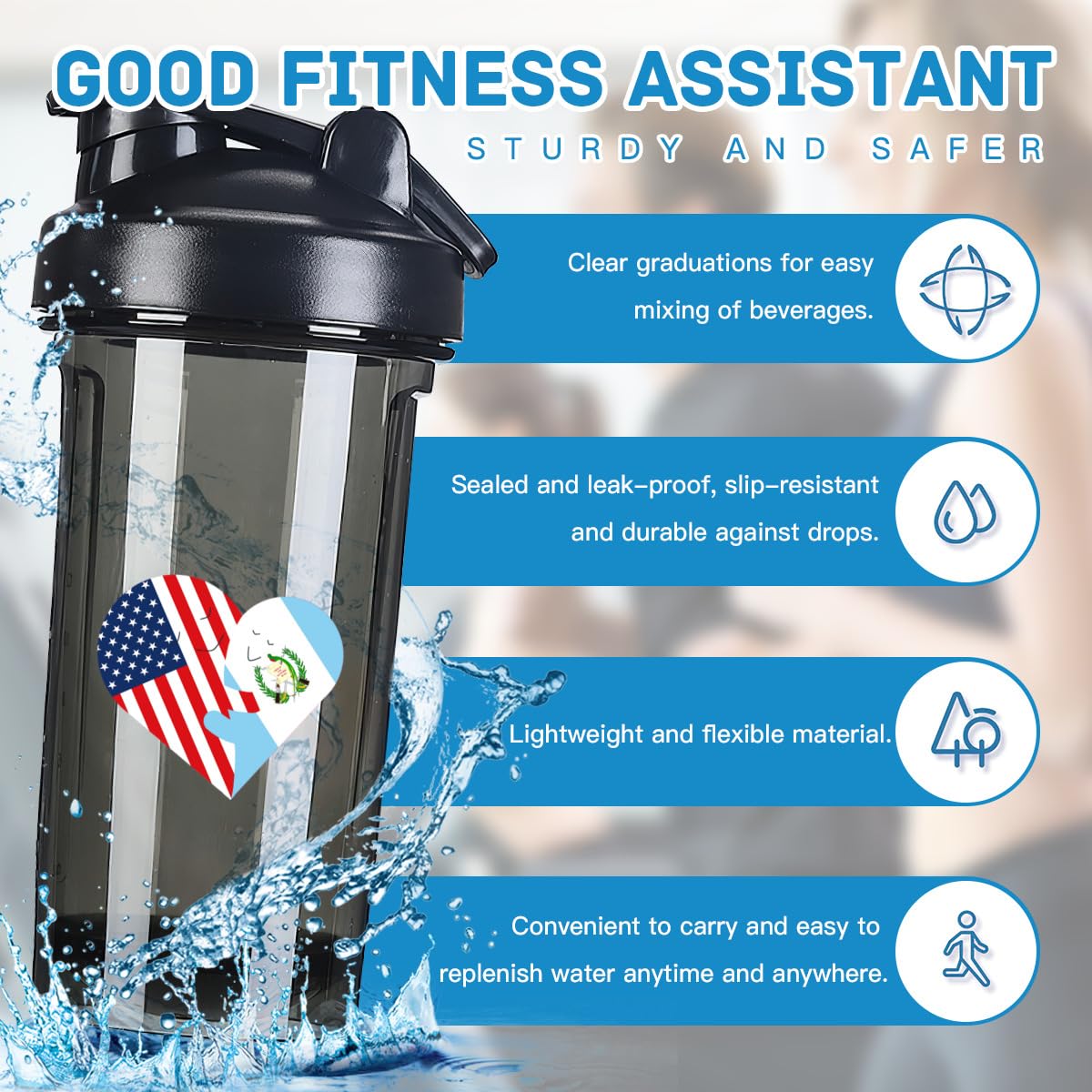 Hearts America USA and Guatemala Flag 18 Ounce Shaker Cup,Fashion Theme Pattern Shaker Bottle Leak-proof Workout Shake Bottles 500ML/18 oz Perfect for Pre Workout