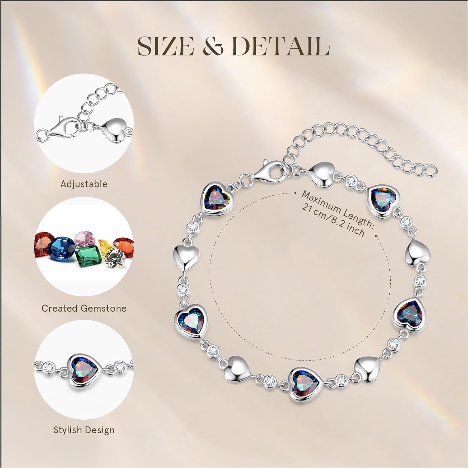 Carleen Birthstone Bracelets for Women 925 Sterling Silver Five Heart Station Created Gemstone Tennis Bracelet Jewelry Anniversary Birthday for Wife, 7"+1.2" Extender - Image 2
