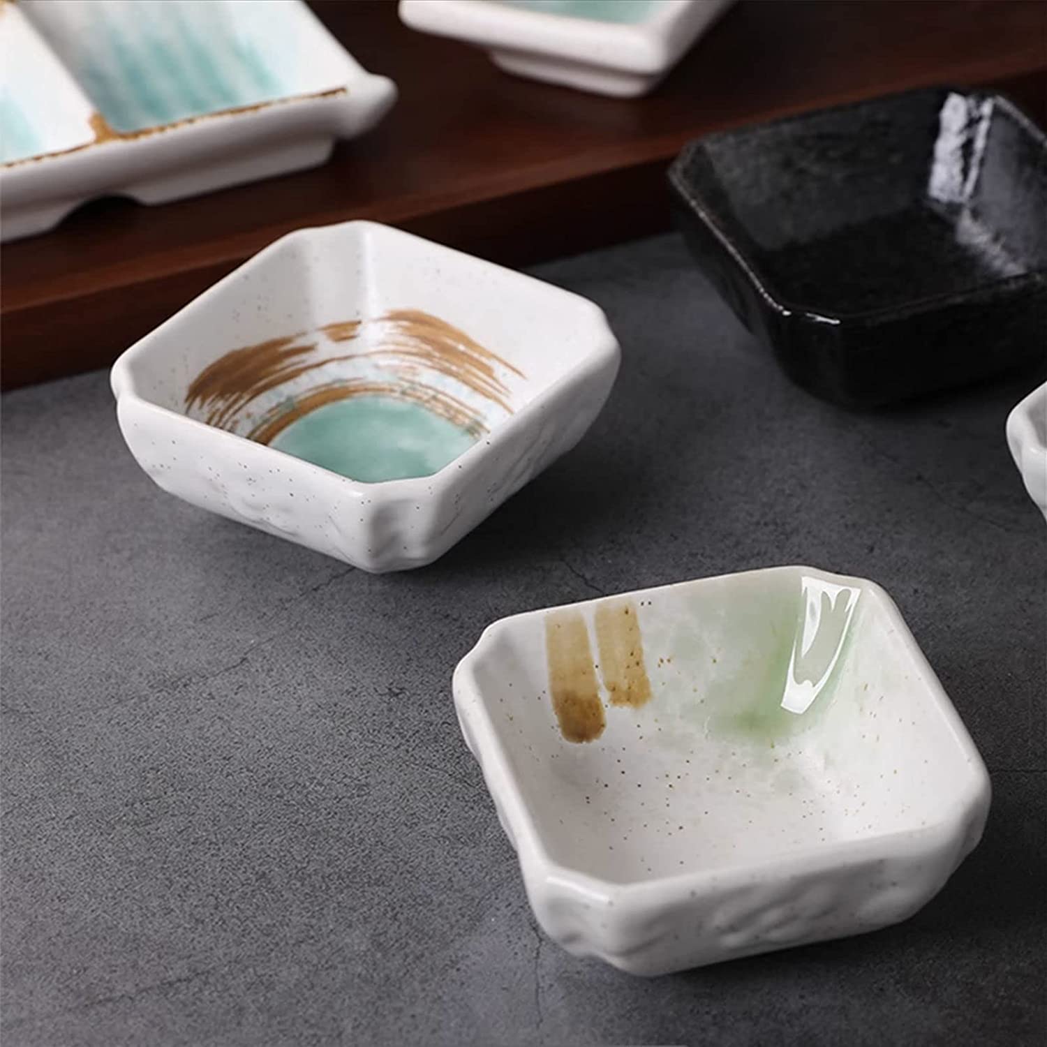 Keramik-Dip-Schalen, Keramik-Soßenschalen, japanischer Stil, 2 Stück, Saucenschalen zum Dippen, quadratische Sushi-Sojasaucenschale, kleine Dip-Soßenschalen mit rechteckiger grüner Tinte, Farbe: