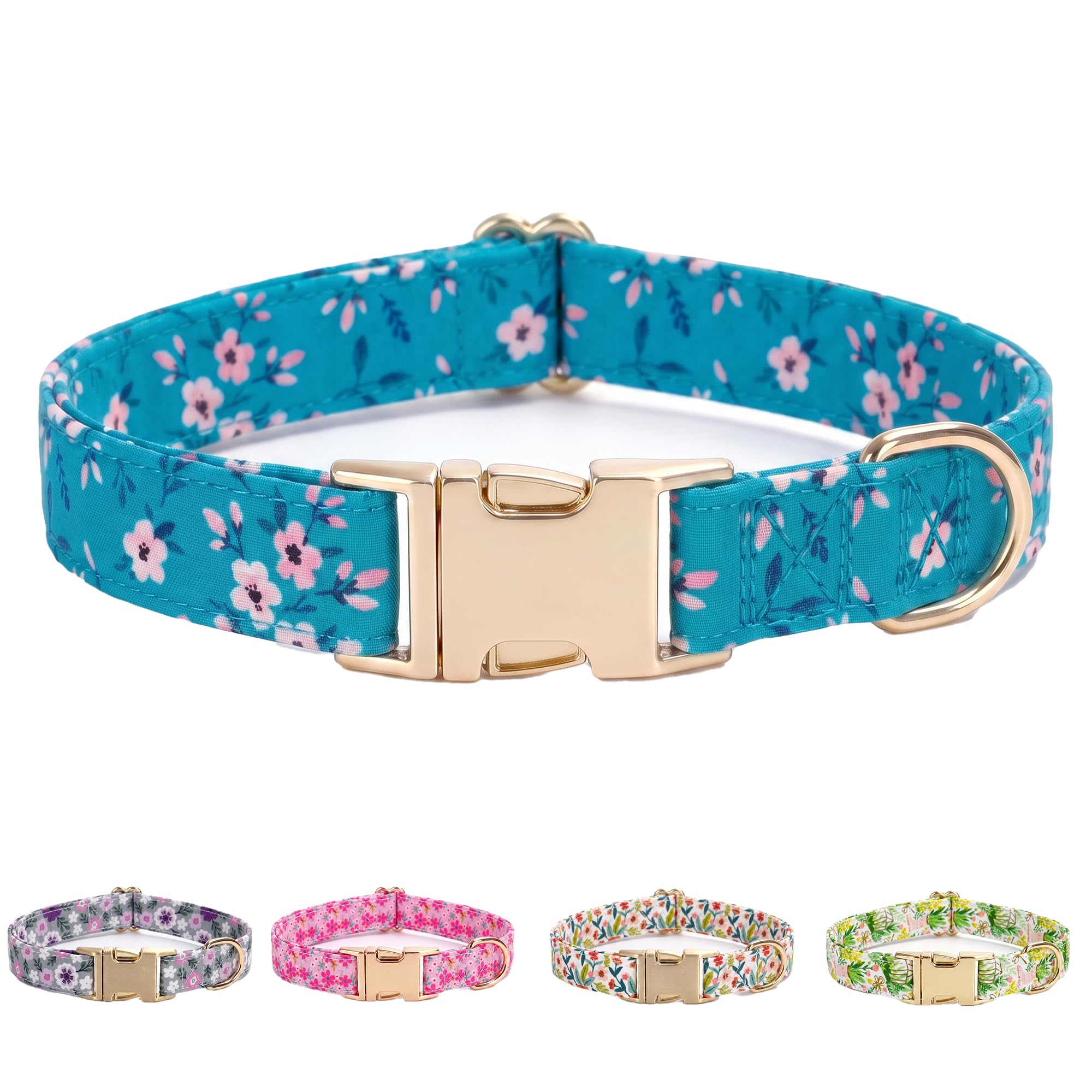 AIITLE Durable Dog Collar for Medium Large Dogs， Adjustable Metal Buckle Collar with Vibrant Printed Pattern， Cute Spring Summer Design for Active Boy Girl Dogs Outdoor, Blue M