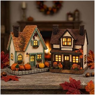 Autumn Villages Wire-Free Vintage Light-Up Pumpkin Cottage Compact and Exquisite Autumn Village Home Decoration,AB-2pcs